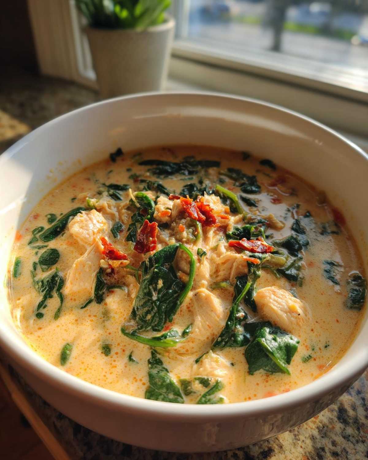 A close-up of creamy Tuscan chicken soup, featuring chunks of chicken, wilted spinach, and sun-dried tomatoes.