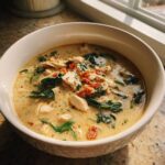 A close-up of creamy Tuscan chicken soup filled with shredded chicken, spinach, and sun-dried tomatoes in a white bowl.