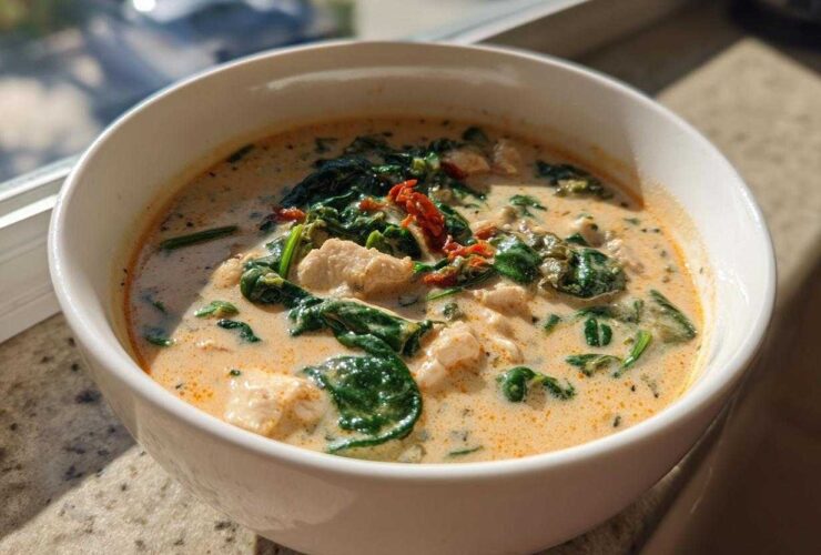 A close-up of a bowl of creamy Tuscan chicken soup featuring chunks of chicken, wilted spinach, and sun-dried tomatoes.