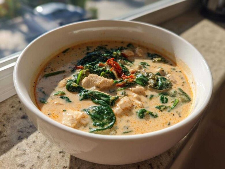 A close-up of a bowl of creamy Tuscan chicken soup featuring chunks of chicken, wilted spinach, and sun-dried tomatoes.