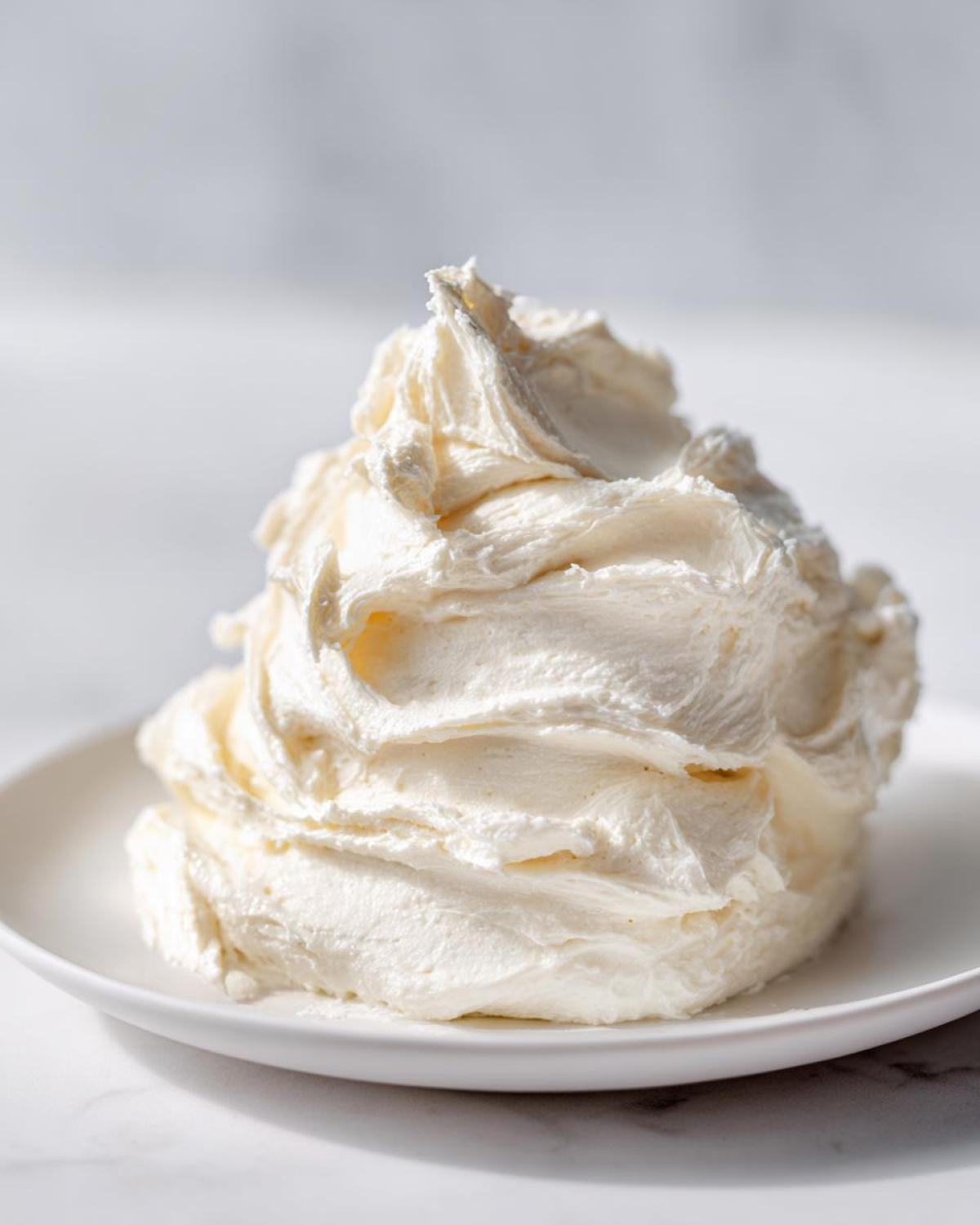 A beautiful swirl of fluffy, white vanilla buttercream frosting piled high on a small white plate.