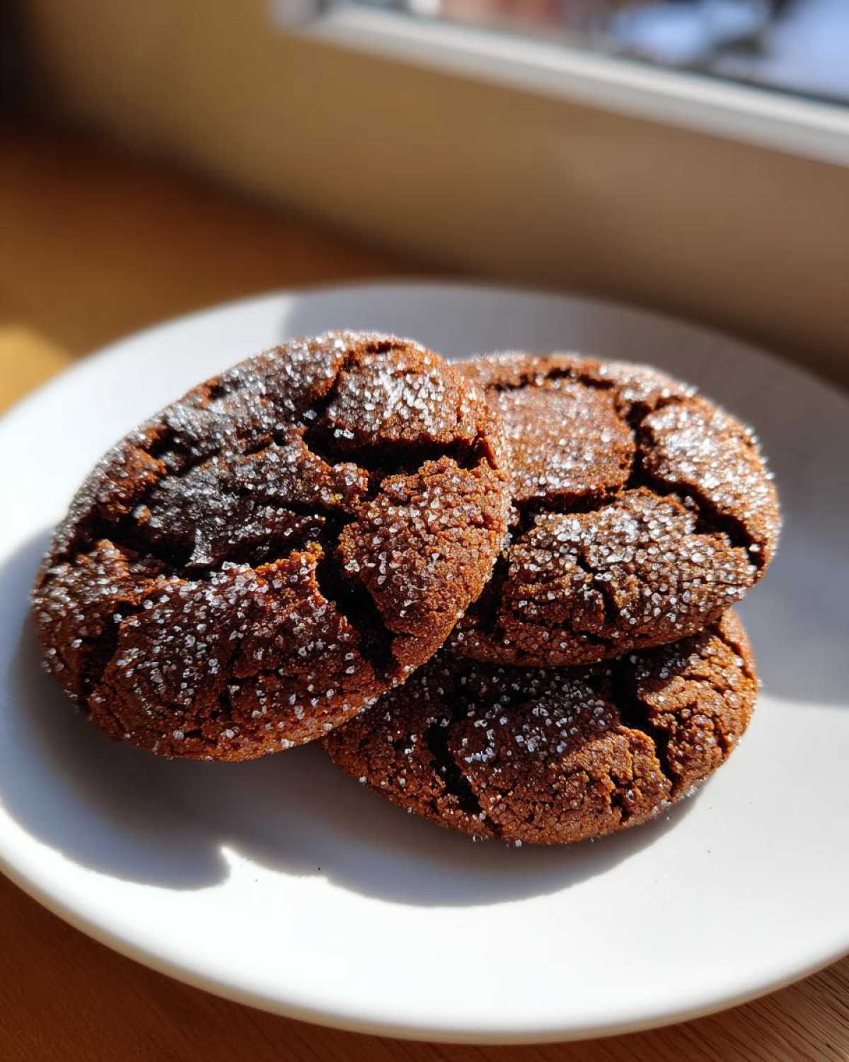 Three dark, crinkled gingersnap cookies heavily coated in sparkling sugar crystals resting on a white plate.