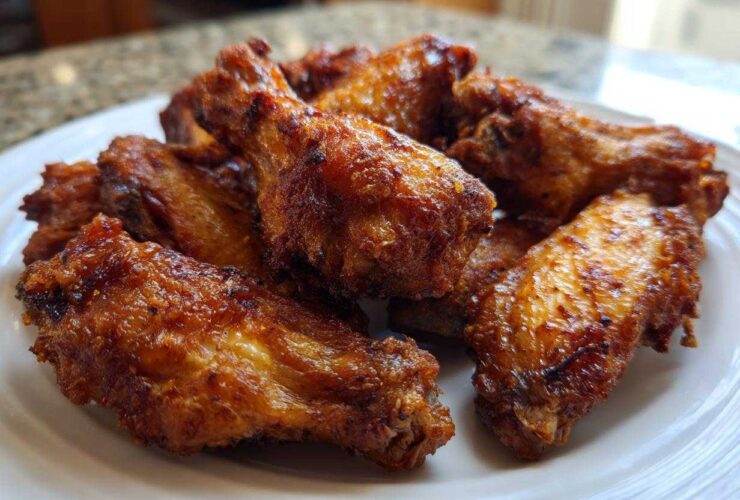 Close-up of several golden brown, crispy air fryer chicken wings piled on a white plate.