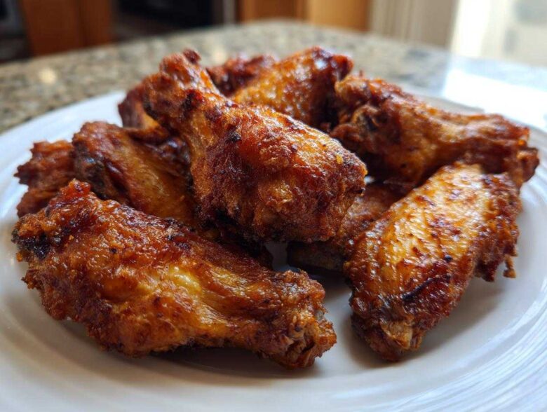 Close-up of several golden brown, crispy air fryer chicken wings piled on a white plate.