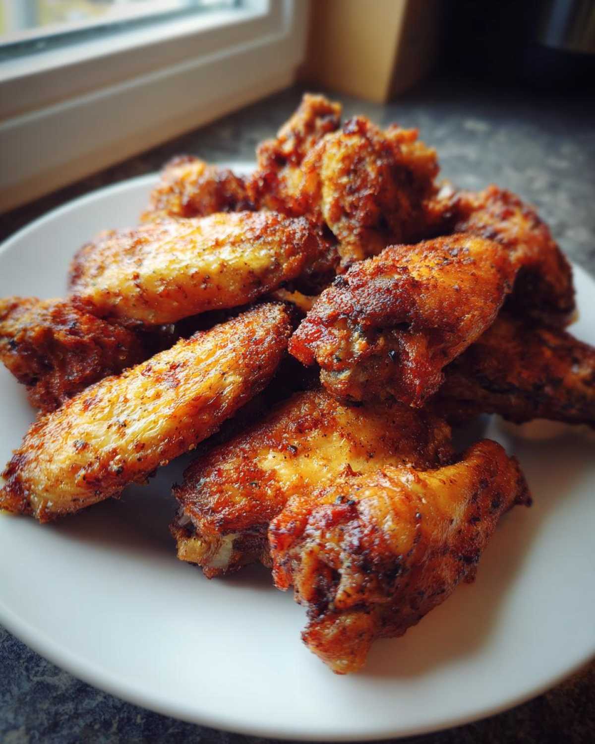 A close-up of a pile of golden brown, crispy air fryer chicken wings seasoned with spices, served on a white plate.