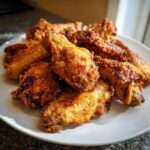 A pile of golden brown, crispy air fryer chicken wings served on a white plate, ready to eat.