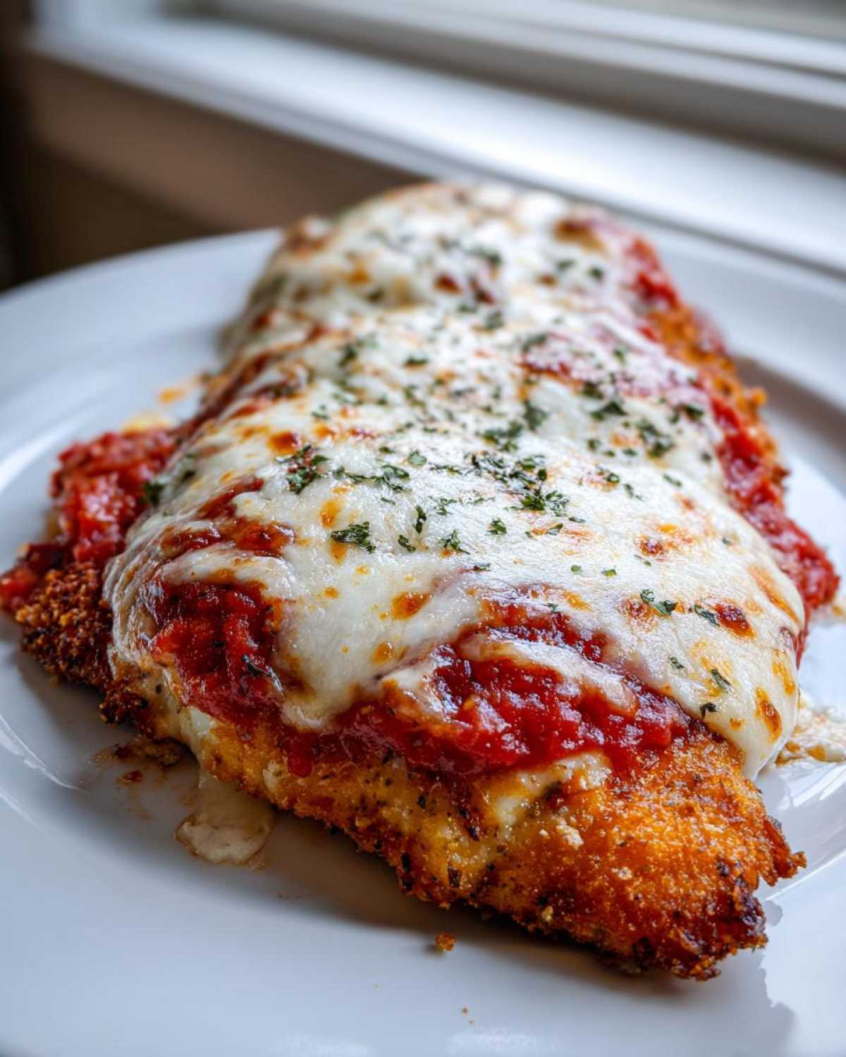 Close-up of a golden-brown breaded chicken parmesan recipe topped with melted mozzarella and marinara sauce.