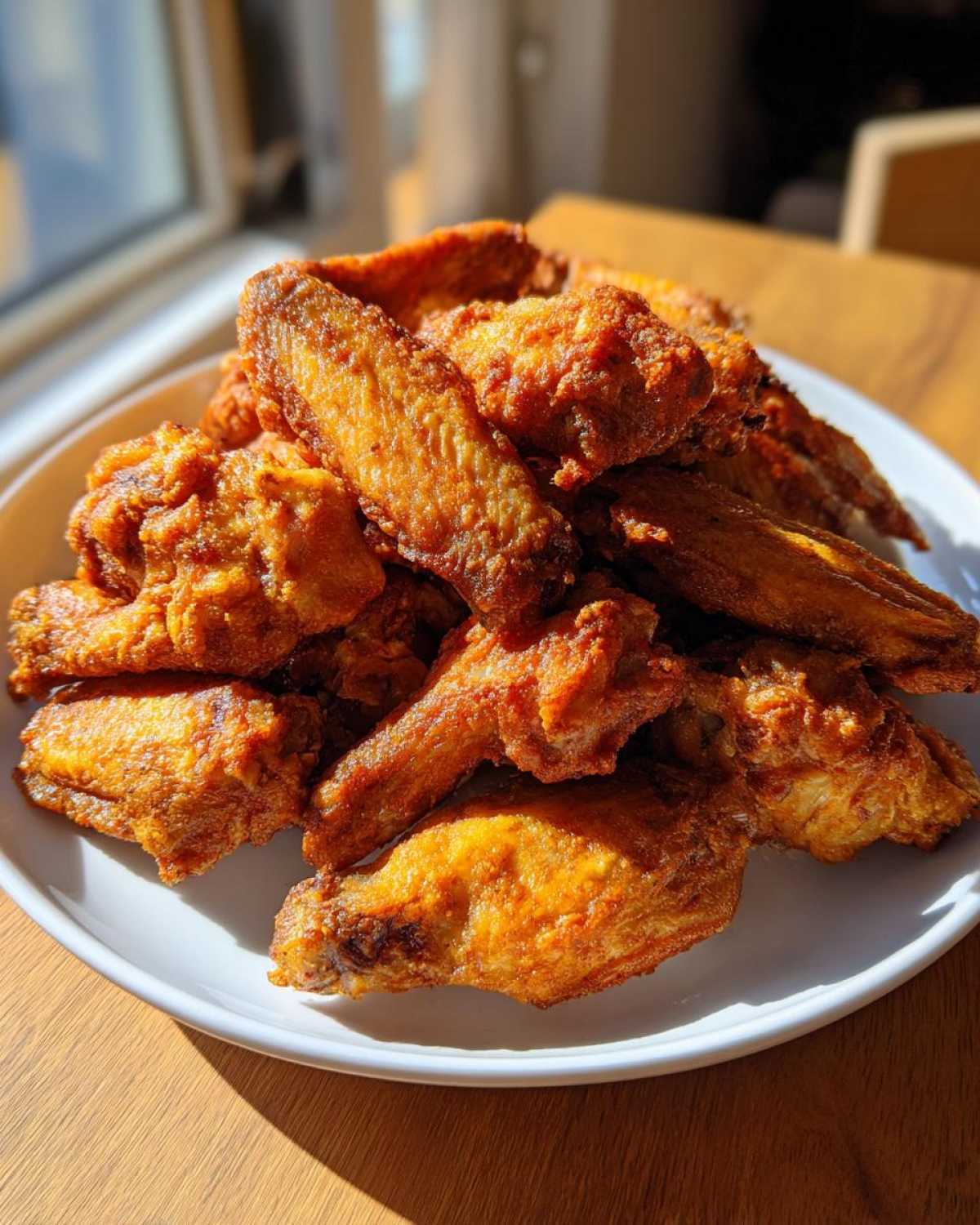 A generous pile of perfectly golden brown, crispy chicken wings served on a white plate.