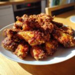 A pile of perfectly cooked, crispy chicken wings with a dark golden, textured coating, served on a white plate.