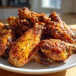 A close-up of a pile of perfectly crispy, seasoned chicken wings arranged on a white plate, ready to eat.