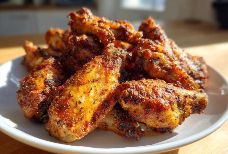 A close-up of a pile of perfectly crispy, seasoned chicken wings arranged on a white plate, ready to eat.