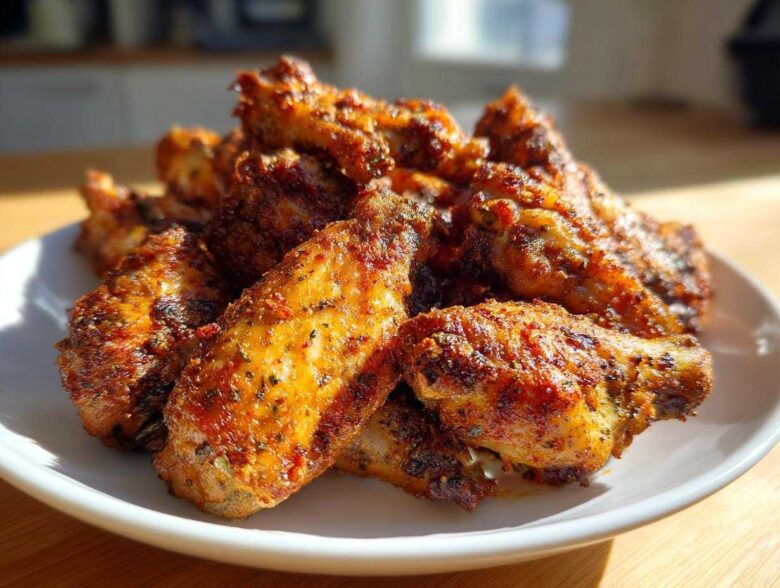 A close-up of a pile of perfectly crispy, seasoned chicken wings arranged on a white plate, ready to eat.
