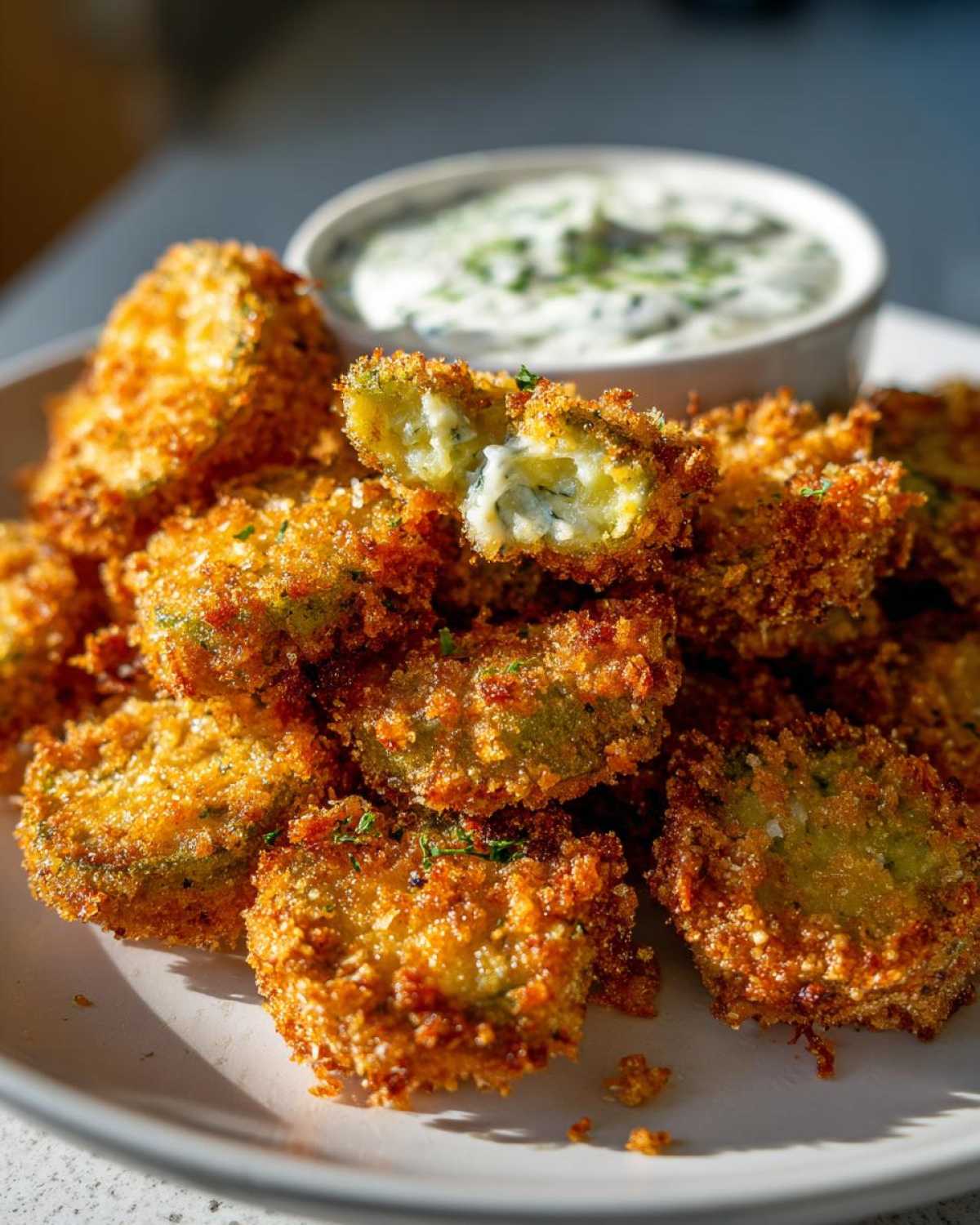 A pile of golden brown, crispy Fried Pickles served with a side of white, herbed dipping sauce.