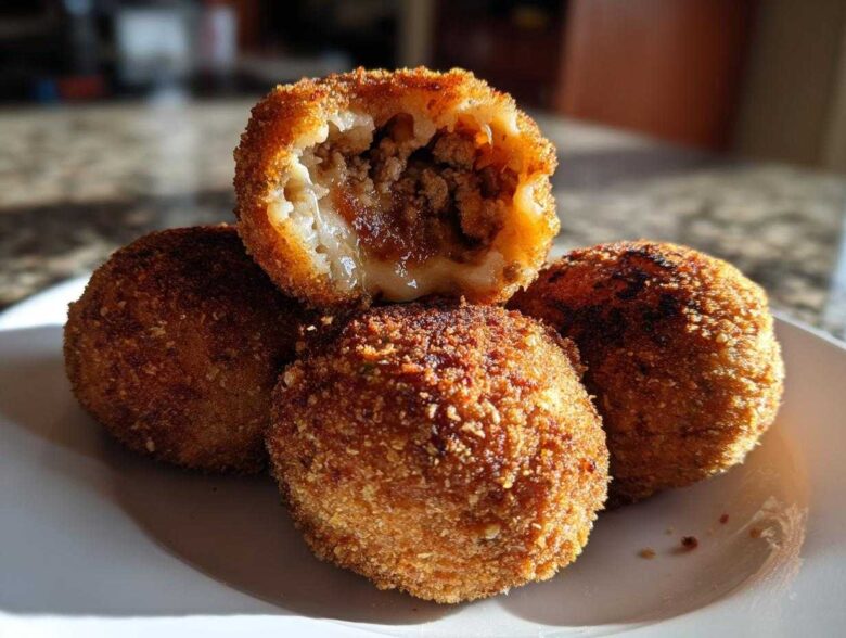 Four golden-brown, deep-fried rice balls stacked on a white plate, one cut open to show a savory meat filling inside these amazing rice balls.