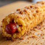 Close-up of a freshly fried korean corn dog, showing a hot dog inside a thick, golden batter coated in sugar.