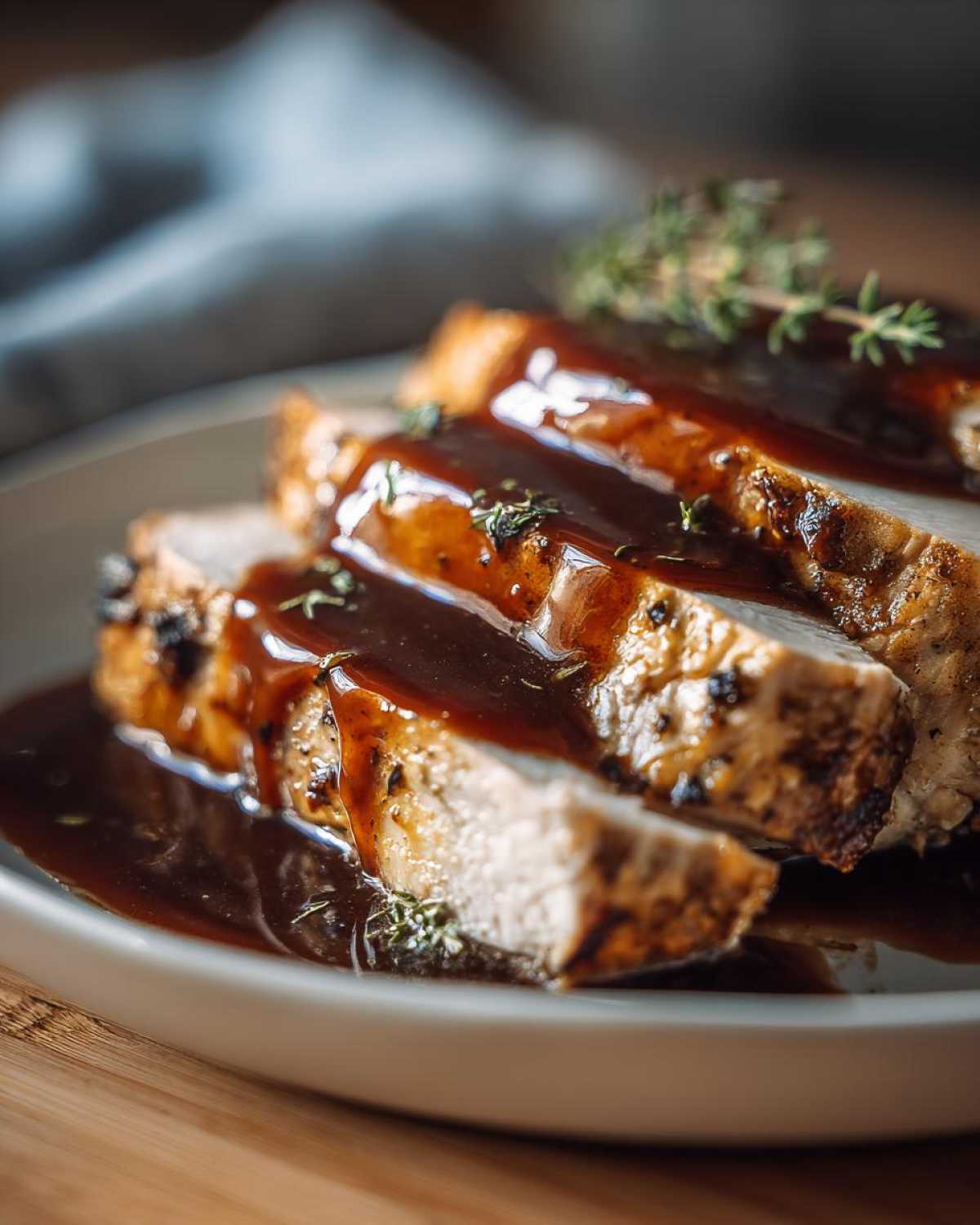Close-up of thick slices of juicy crockpot turkey breast covered in rich brown gravy and fresh thyme.
