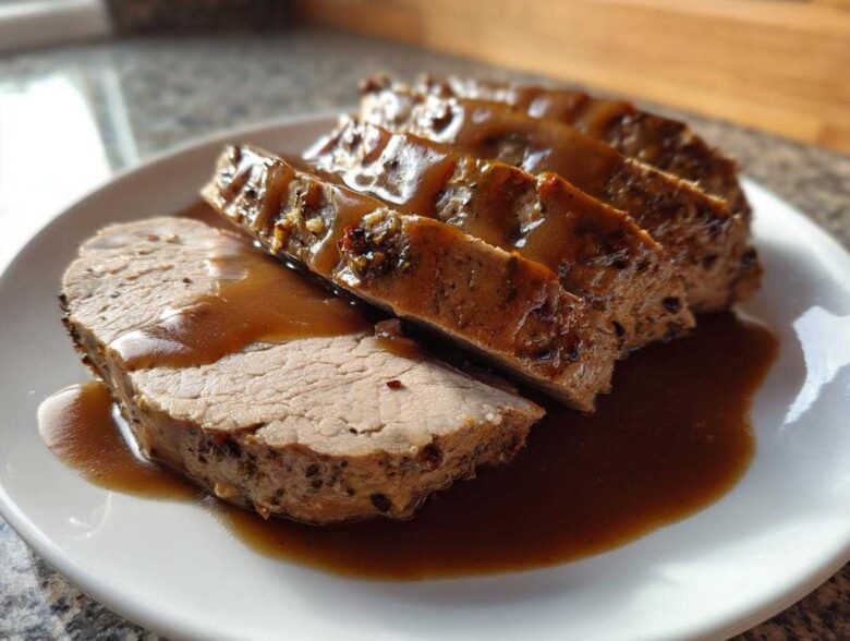 Close-up of sliced crockpot turkey breast covered in rich brown gravy on a white plate.