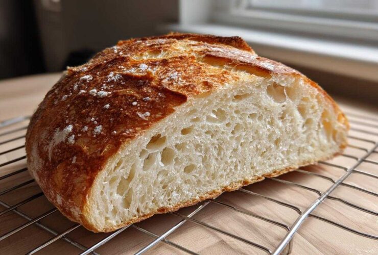 A close-up shot showing the airy crumb and golden, crusty top of a freshly baked french bread loaf resting on a wire cooling rack.