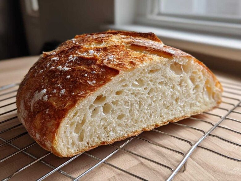 A close-up shot showing the airy crumb and golden, crusty top of a freshly baked french bread loaf resting on a wire cooling rack.