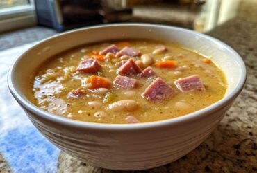 Close-up of a creamy, savory bean soup featuring white beans, diced carrots, and chunks of ham.