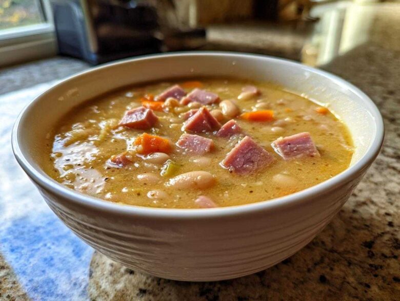 Close-up of a creamy, savory bean soup featuring white beans, diced carrots, and chunks of ham.