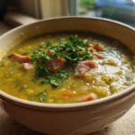 Close-up of a thick, green pea soup topped with chunks of ham and fresh parsley garnish.