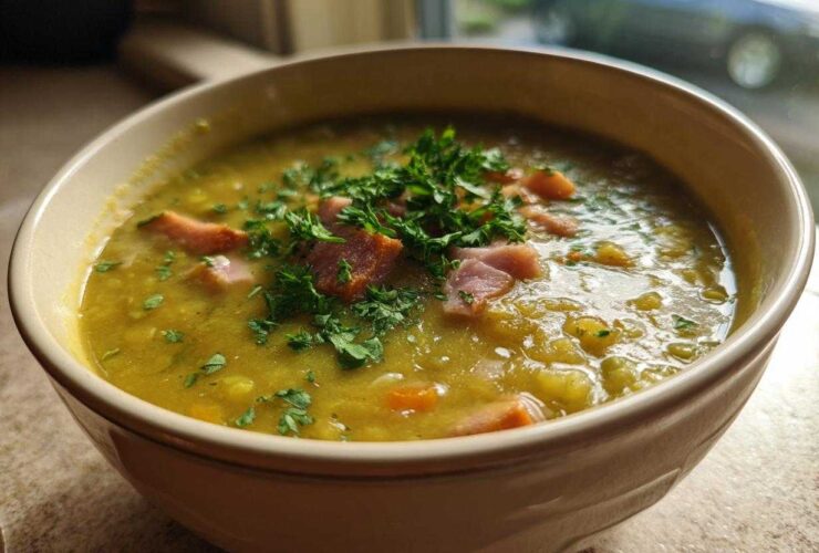 Close-up of a thick, green pea soup topped with chunks of ham and fresh parsley garnish.
