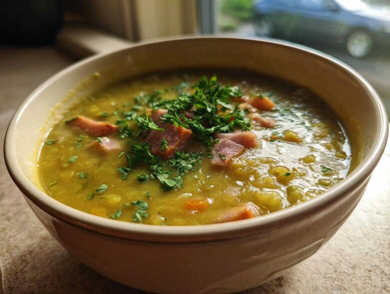 Close-up of a thick, green pea soup topped with chunks of ham and fresh parsley garnish.