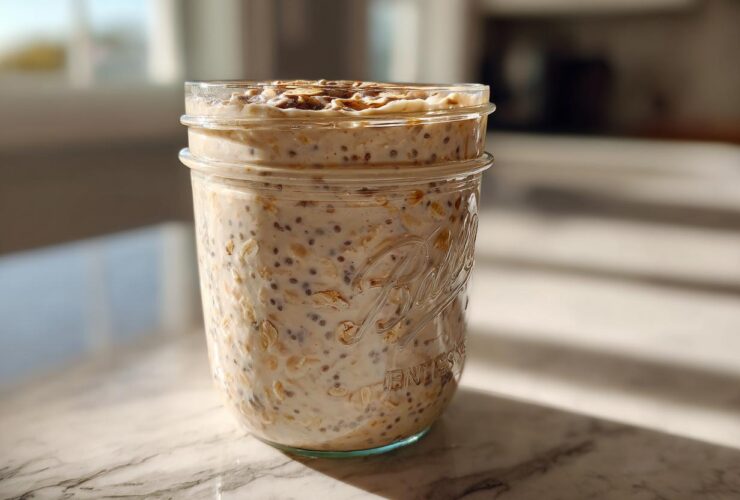 A close-up of creamy overnight oats mixed with chia seeds in a clear mason jar, ready to eat.