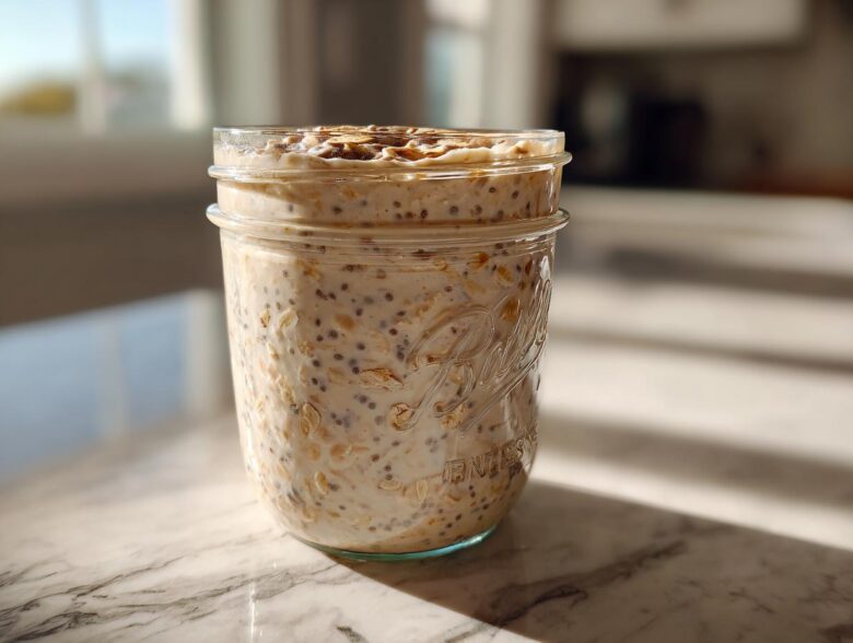 A close-up of creamy overnight oats mixed with chia seeds in a clear mason jar, ready to eat.