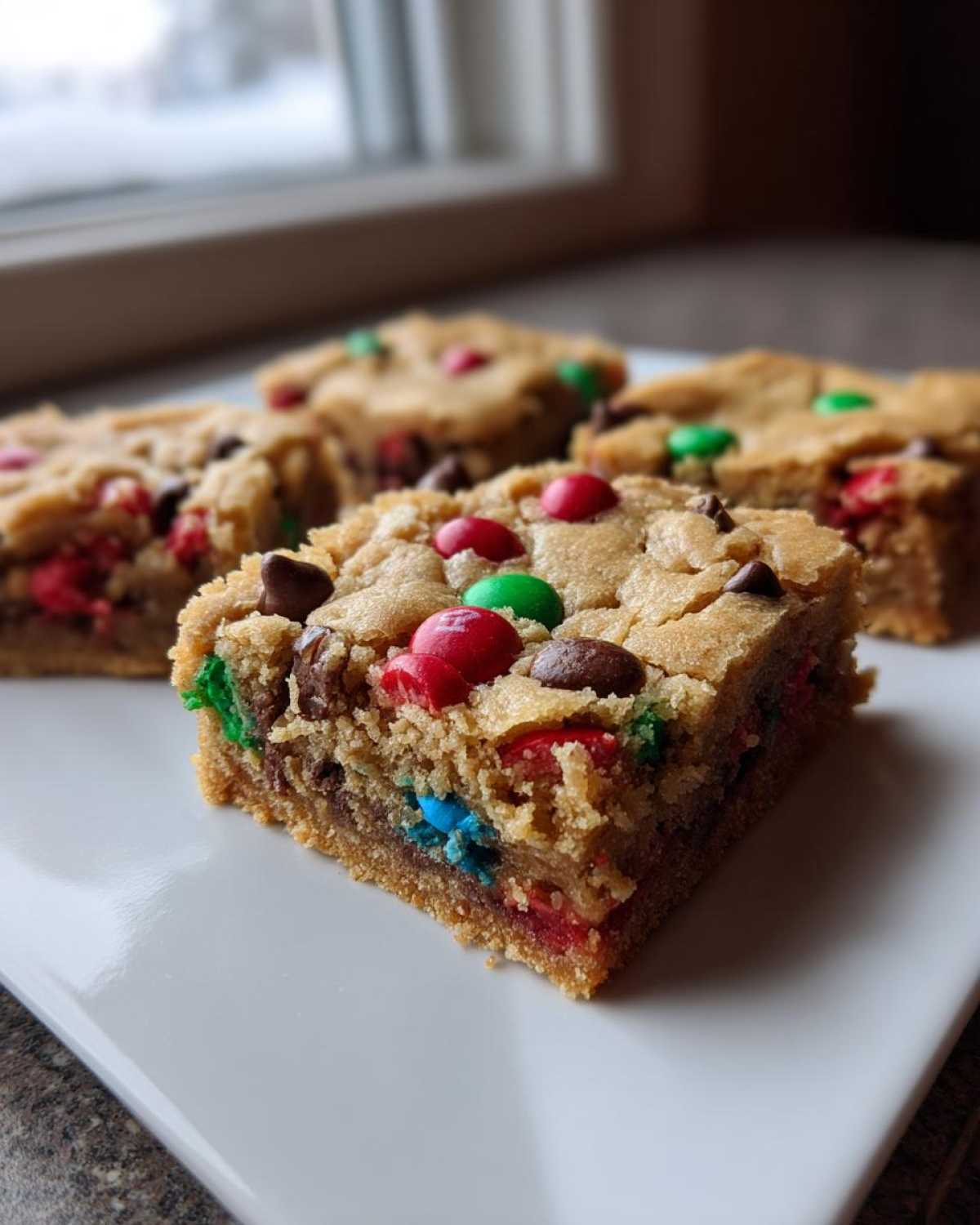 A close-up of a thick, chewy square of christmas cookie bars topped with red, green, and blue M&Ms.
