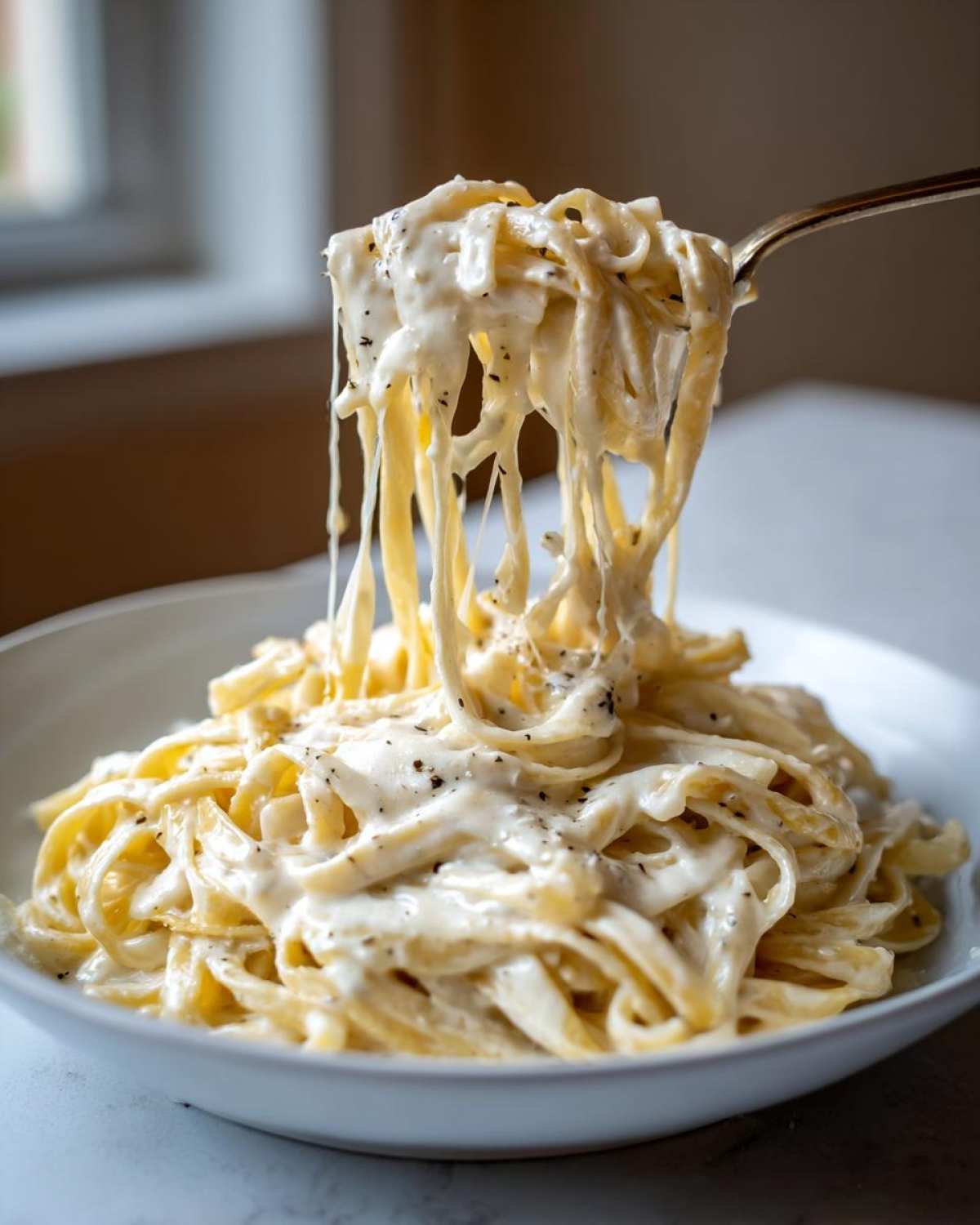 A fork lifting fettuccine noodles coated in creamy homemade alfredo sauce, showing cheese stretch.