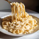 A fork lifts fettuccine noodles coated in creamy homemade alfredo sauce from a white plate.