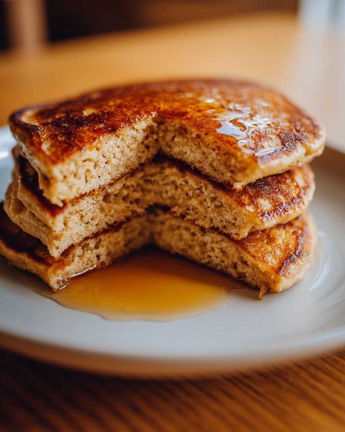 Close-up of a stack of fluffy banana pancakes cut to show the interior texture, drizzled with syrup.