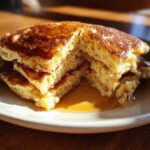 A close-up of a fluffy stack of banana pancakes with a piece cut out, drizzled generously with syrup.