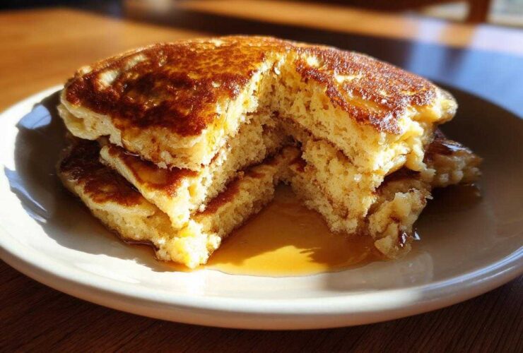 A close-up of a fluffy stack of banana pancakes with a piece cut out, drizzled generously with syrup.