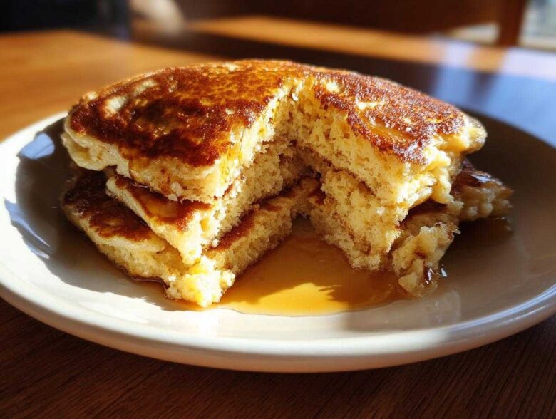 A close-up of a fluffy stack of banana pancakes with a piece cut out, drizzled generously with syrup.