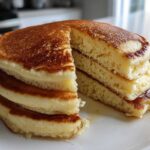 A tall stack of fluffy coconut flour pancakes with a slice cut out, showing the light texture and drizzled with syrup.