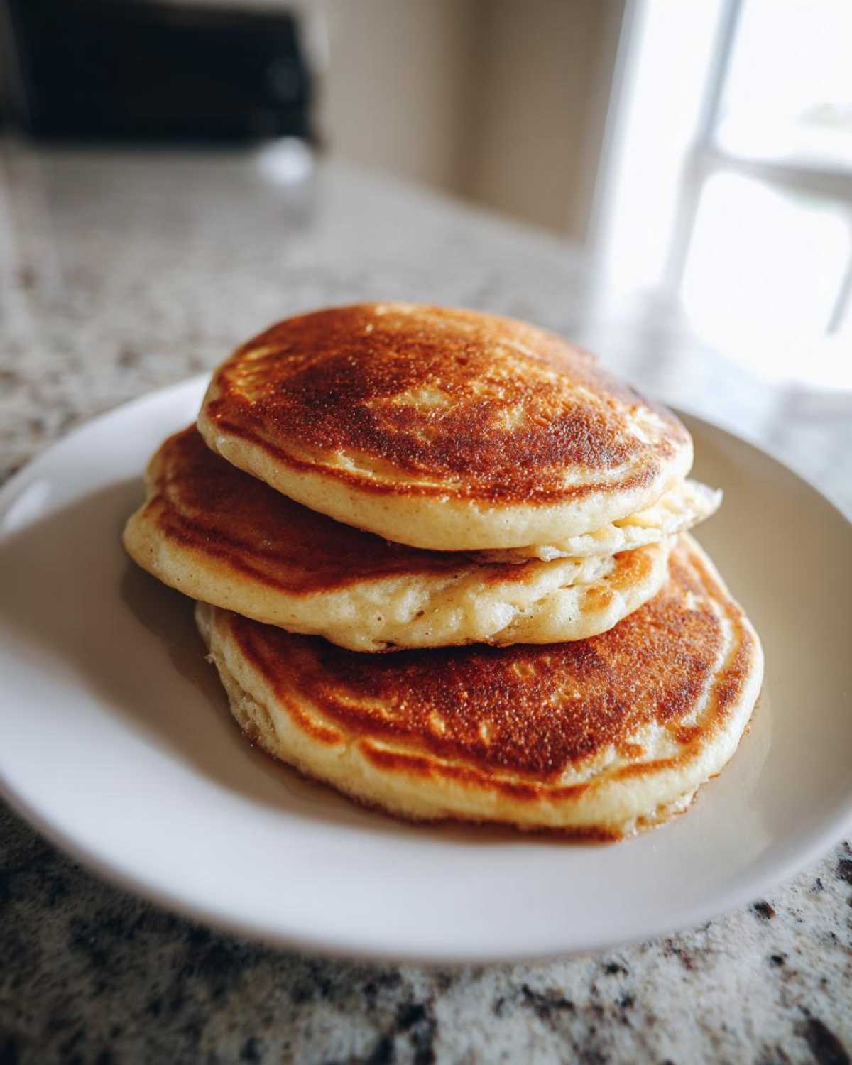 A stack of three golden-brown, fluffy coconut flour pancakes served on a white plate.