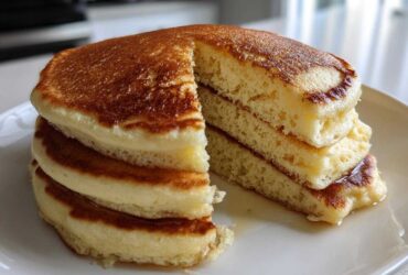 A tall stack of fluffy coconut flour pancakes with a slice cut out, showing the light texture and drizzled with syrup.