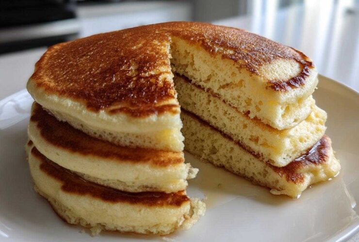A tall stack of fluffy coconut flour pancakes with a slice cut out, showing the light texture and drizzled with syrup.