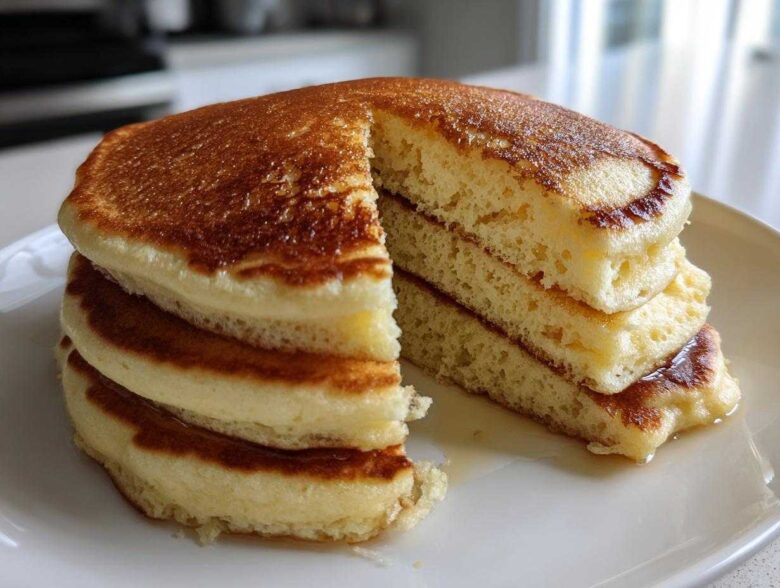 A tall stack of fluffy coconut flour pancakes with a slice cut out, showing the light texture and drizzled with syrup.