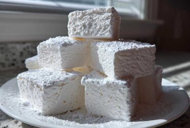 A stack of square, fluffy homemade marshmallows generously dusted with powdered sugar on a white plate.