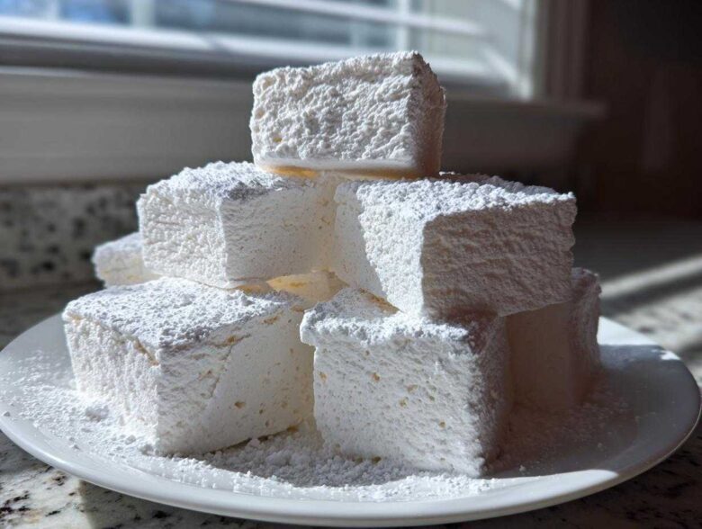 A stack of square, fluffy homemade marshmallows generously dusted with powdered sugar on a white plate.