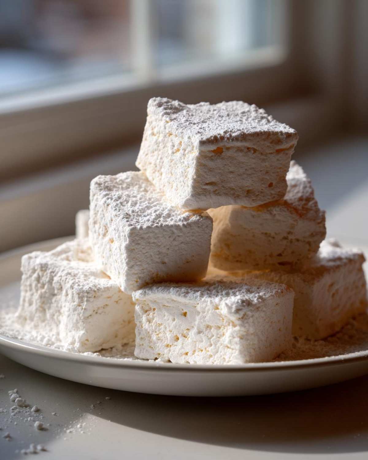 A stack of square, fluffy homemade marshmallows generously dusted with powdered sugar, sitting on a white plate.