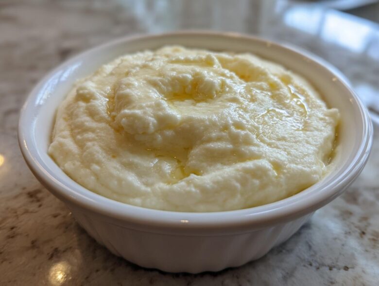 A close-up of creamy, fluffy mashed potatoes topped with melted butter served in a small white bowl.