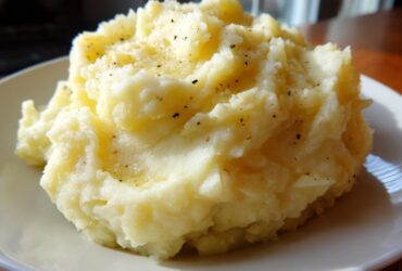 A close-up of a generous serving of fluffy roasted garlic mashed potatoes topped with melted butter and black pepper.