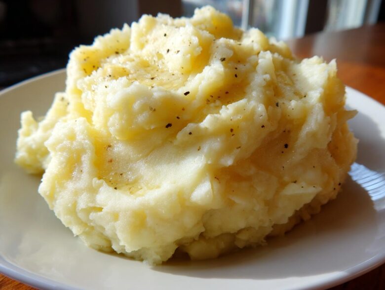 A close-up of a generous serving of fluffy roasted garlic mashed potatoes topped with melted butter and black pepper.