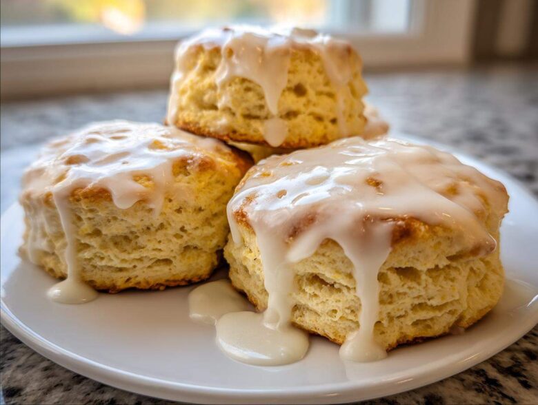 Three fluffy scones stacked slightly on a white plate, generously topped with dripping vanilla glaze.