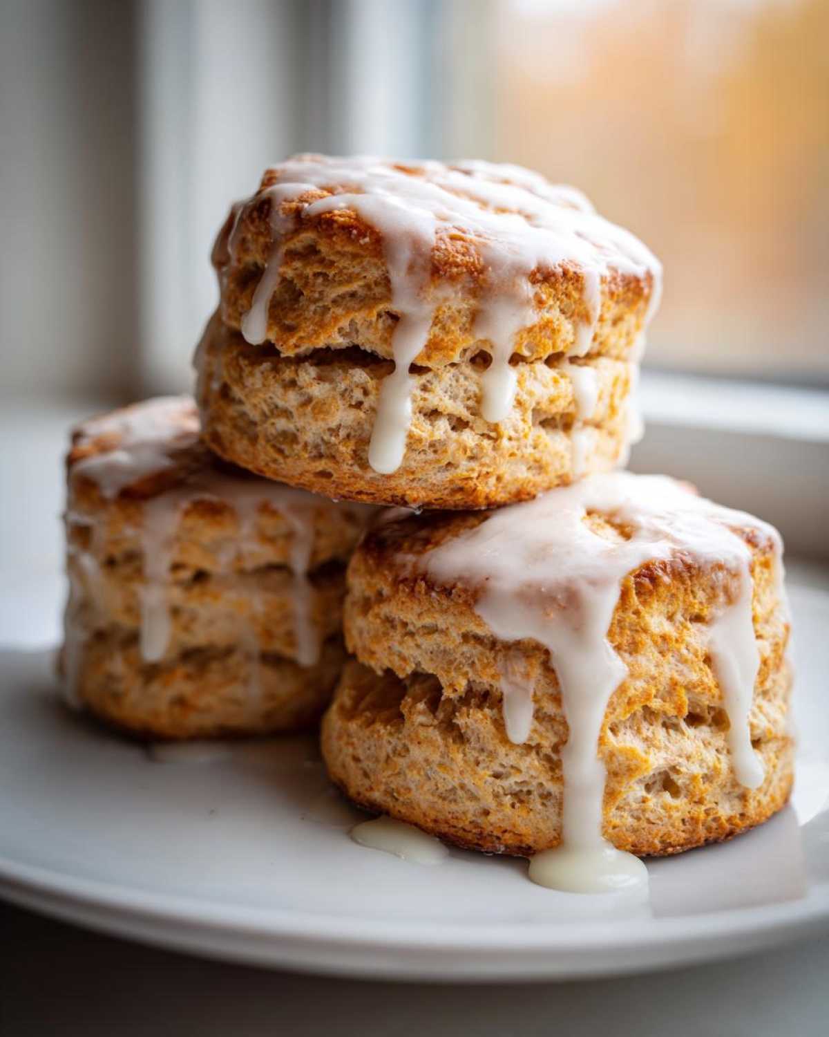 Three fluffy, golden-brown scones stacked on a white plate, drizzled heavily with white icing glaze.